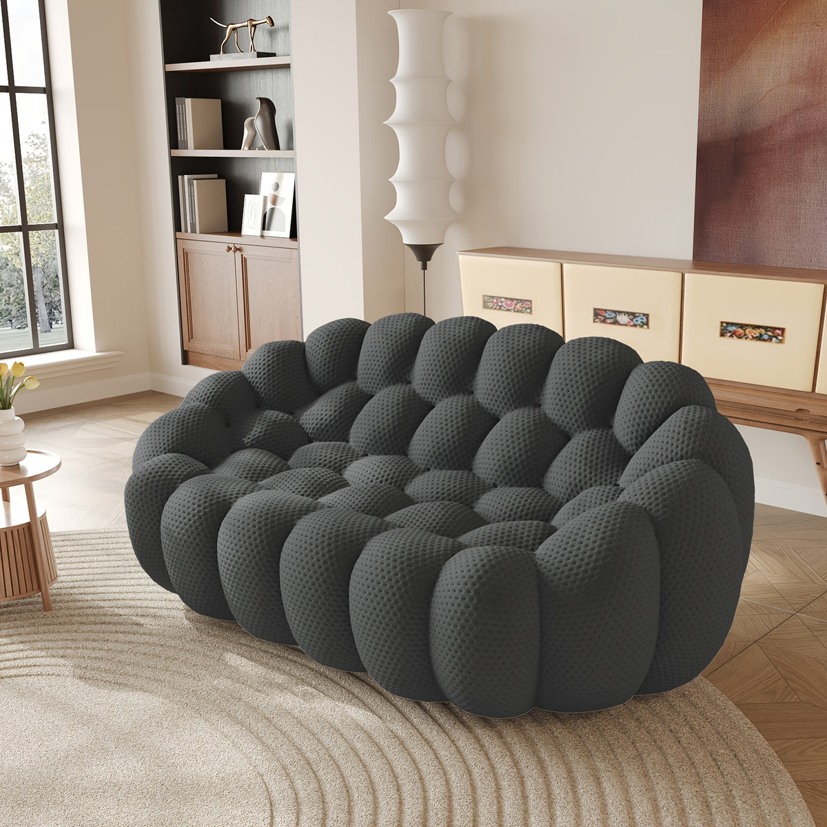100.03'' Modern Upholstered Curved Sofa, 3 Seater Mesh Fabric Floor Sofa, 3D Honeycomb Shape Curved Couch for Living Room