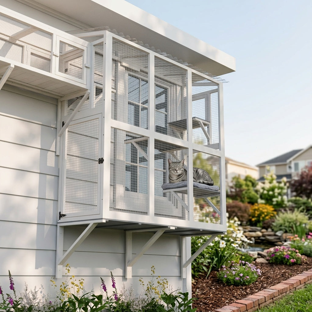 Cat Window Box, Wooden Window Catio for Indoor Cats, Expandable Outdoor Enclosure with 4 Platforms And 3 Doors, Secure Wall-Mounted Perch for Sunbathing, Play And Tunnel Connection, All-Weather Use
