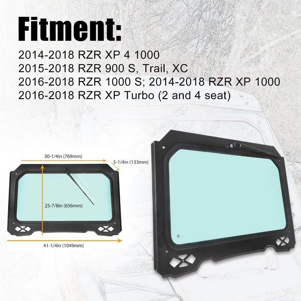 Full Glass Windshield W/Wiper Compatible with 2014-2018 Polaris RZR 900 1000 Trail, S, XP Turbo Black Frame
