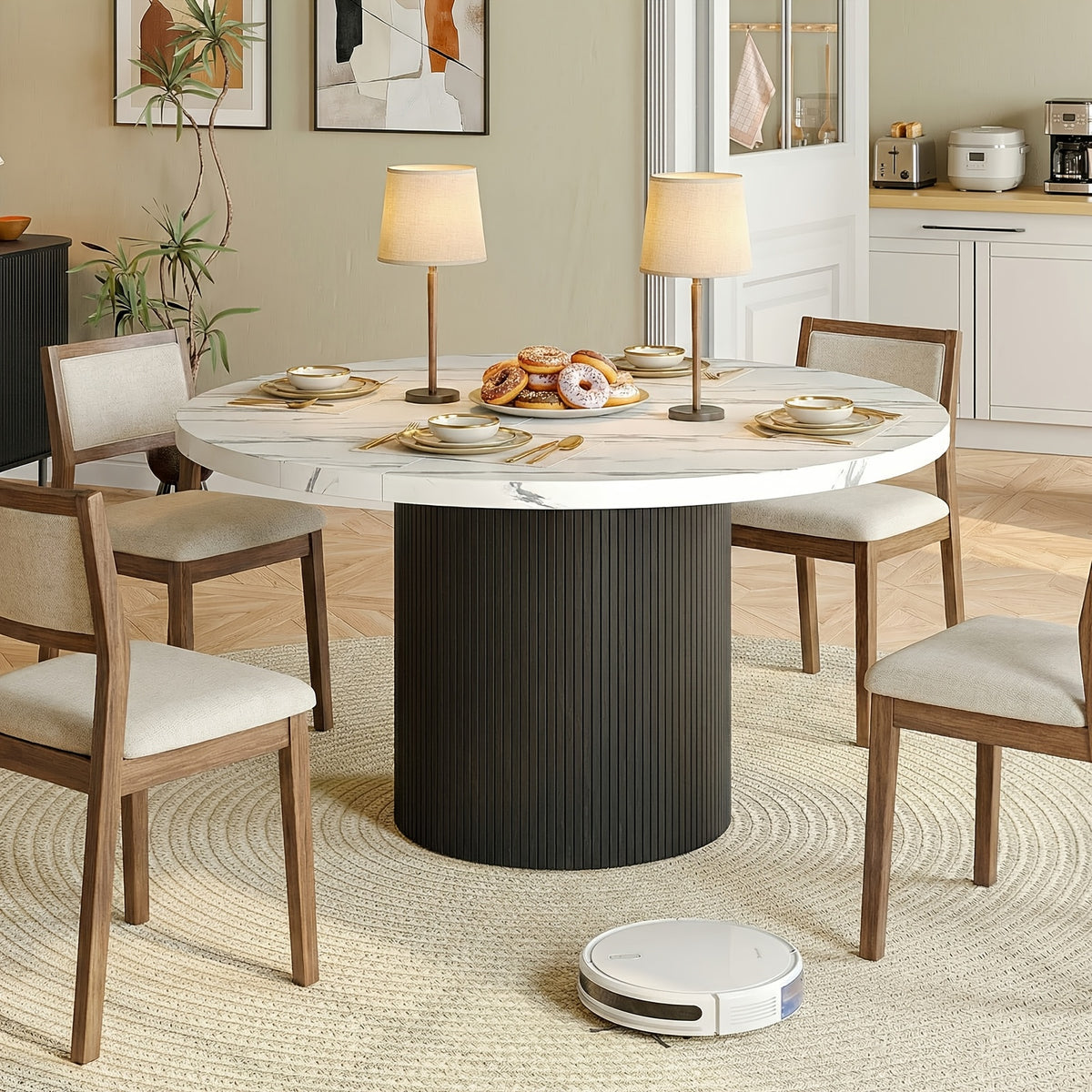47 Inch Round Dining Table for 4, Circle Kitchen Table with Wood Strip Base, Modern Farmhouse Dinner Tables for Kitchen, Living Room Walnut/Black