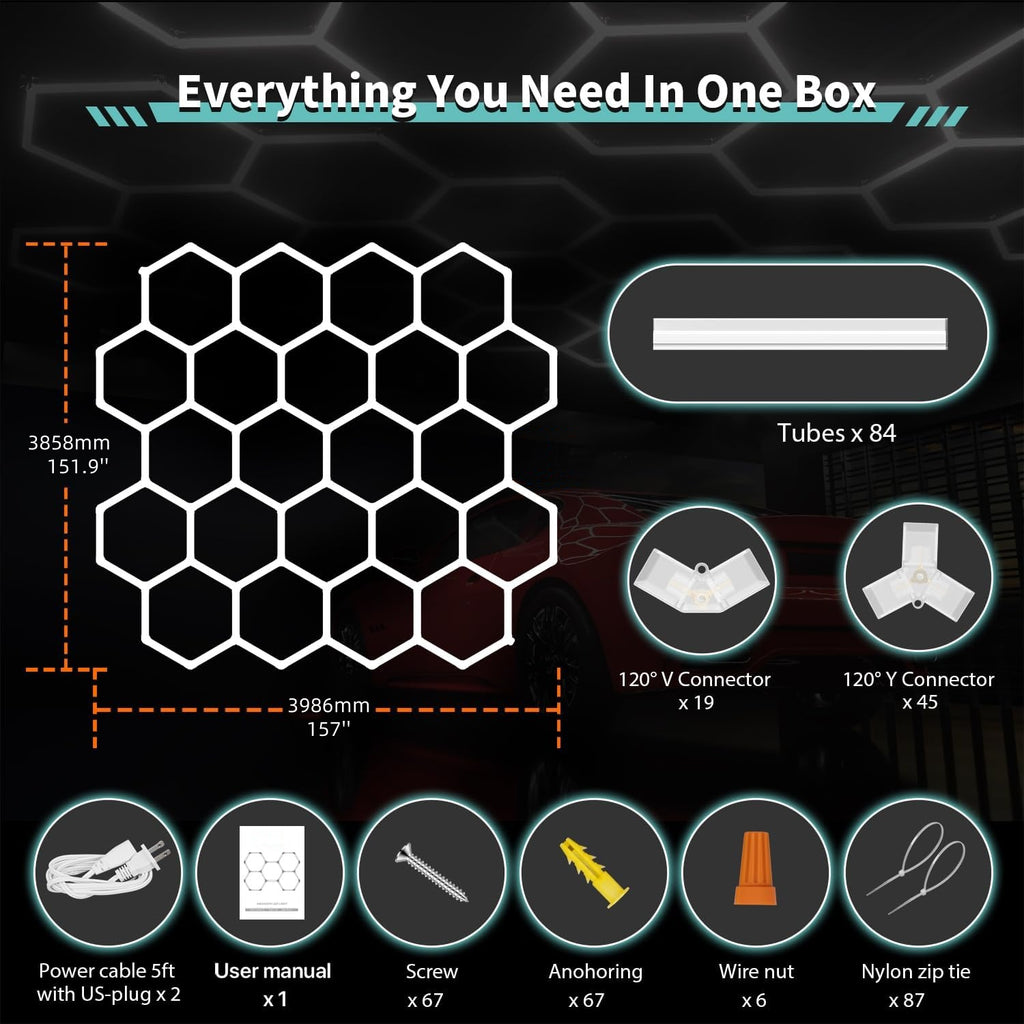 Hexagon LED Lights, 581W 58100LM 22 Grids Ultra Bright Daylight White Easy DIY Install Workshop & Garage Lighting, Durable, Gen 2 Bright Lighting
