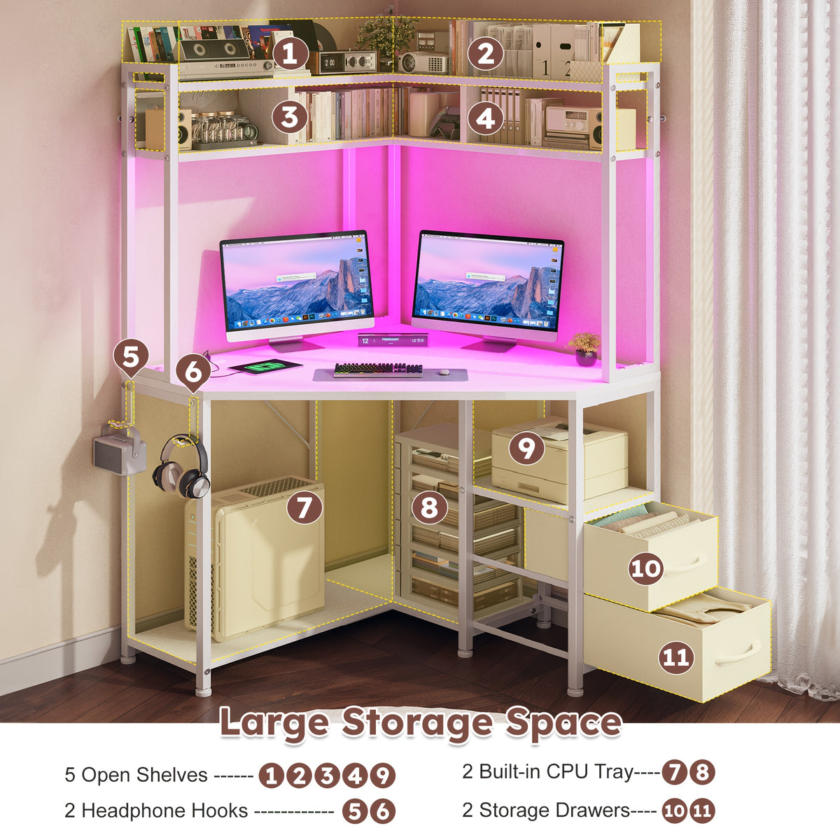 Computer Desk with Hooks And Storage, Ample Storage Space, Suitable for Various Space Uses