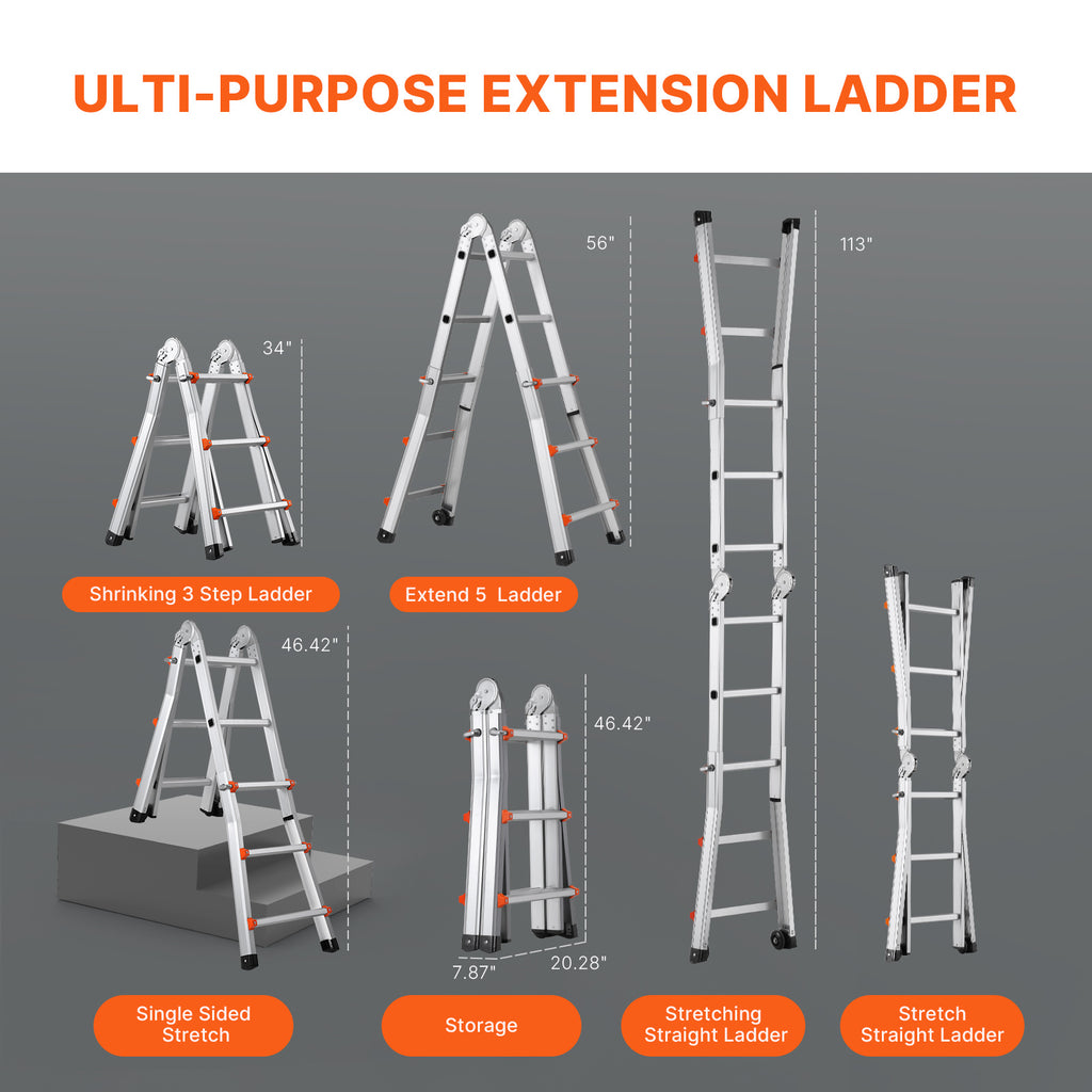 VEVOR Telescoping Ladder A Frame 9.5 FT 2880mm / 11FT 3350 mm / 13 FT 4000mm / 15.5FT 4670 mm / 17FT 5120 mm / 20FT 5990 mm/ 20.5FT 6230 mm Extension Multi-Function for Homework