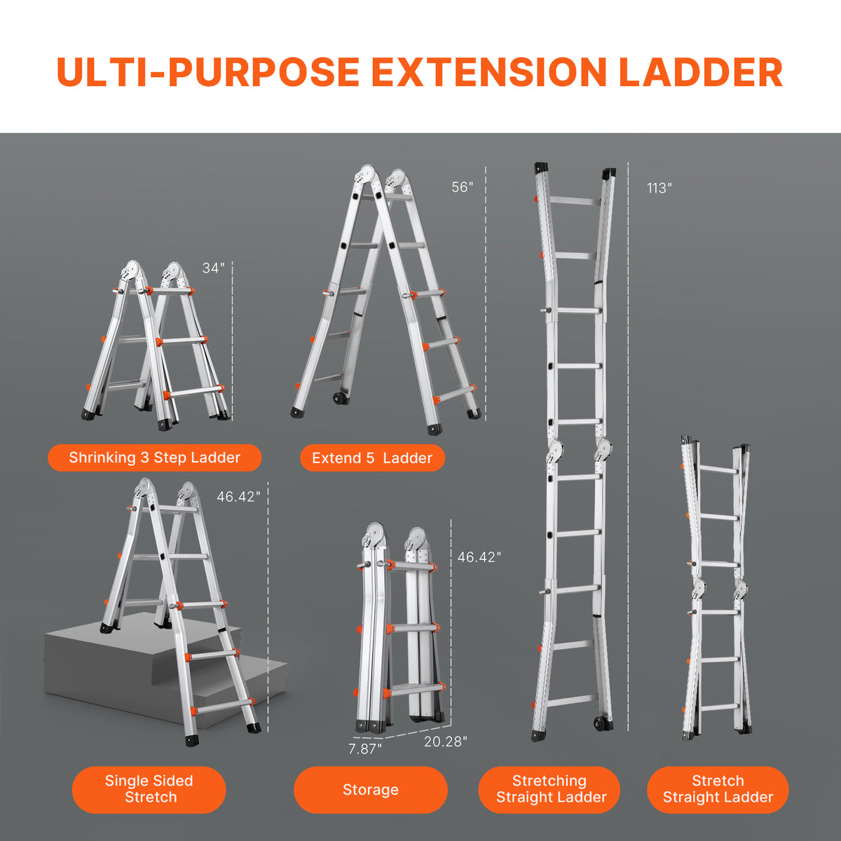 VEVOR Telescoping Ladder A Frame 9.5 FT 2880mm / 11FT 3350 mm / 13 FT 4000mm / 15.5FT 4670 mm / 17FT 5120 mm / 20FT 5990 mm/ 20.5FT 6230 mm Extension Multi-Function for Homework