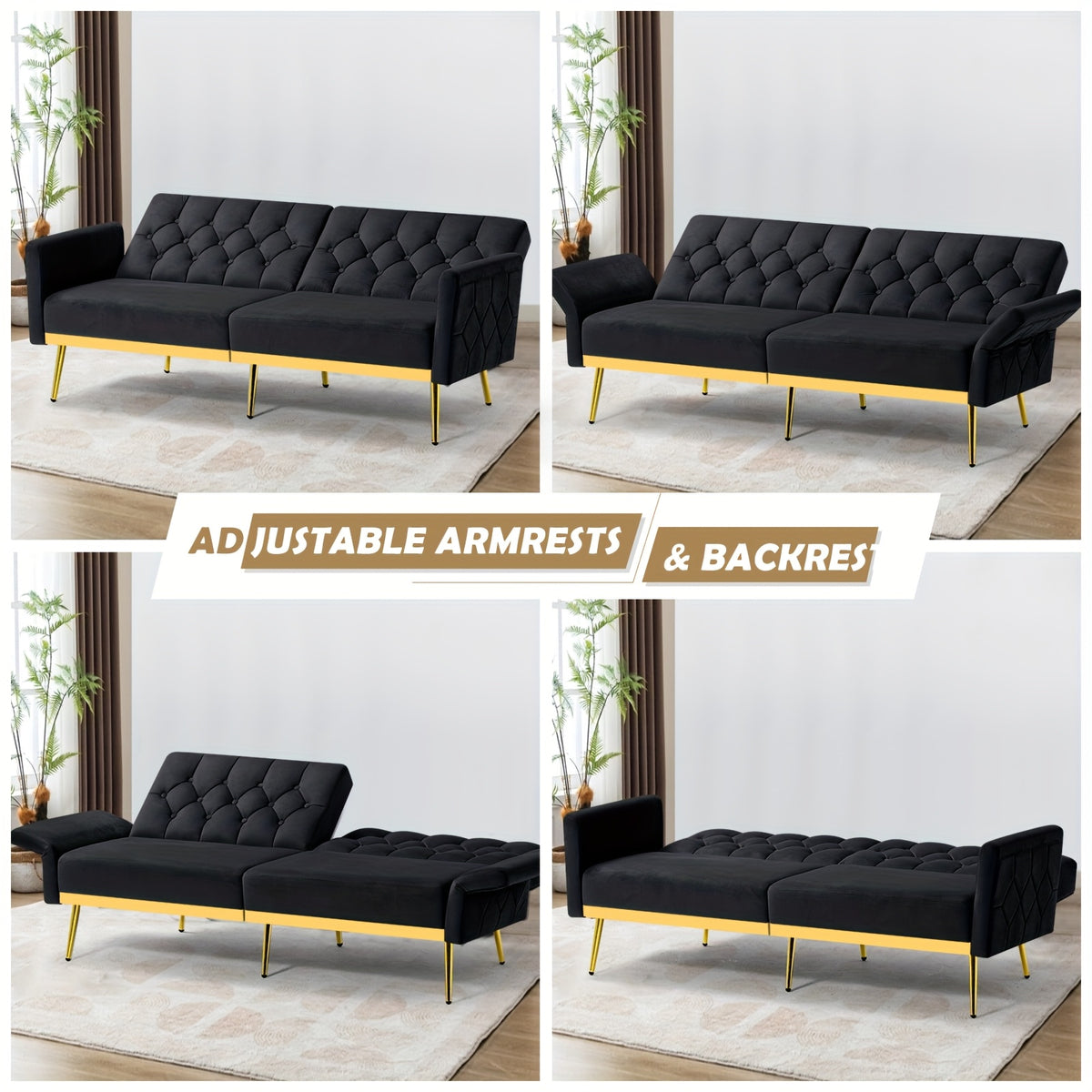ACMEASE Velvet Sofa Bed Featuring Adjustable Armrests And Backrests, a Contemporary Recliner Sleeper Couch with a Tufted Design, a Convertible Loveseat Sofa with Golden Legs Suitable for The Living Room, Bedroom, Or Studio