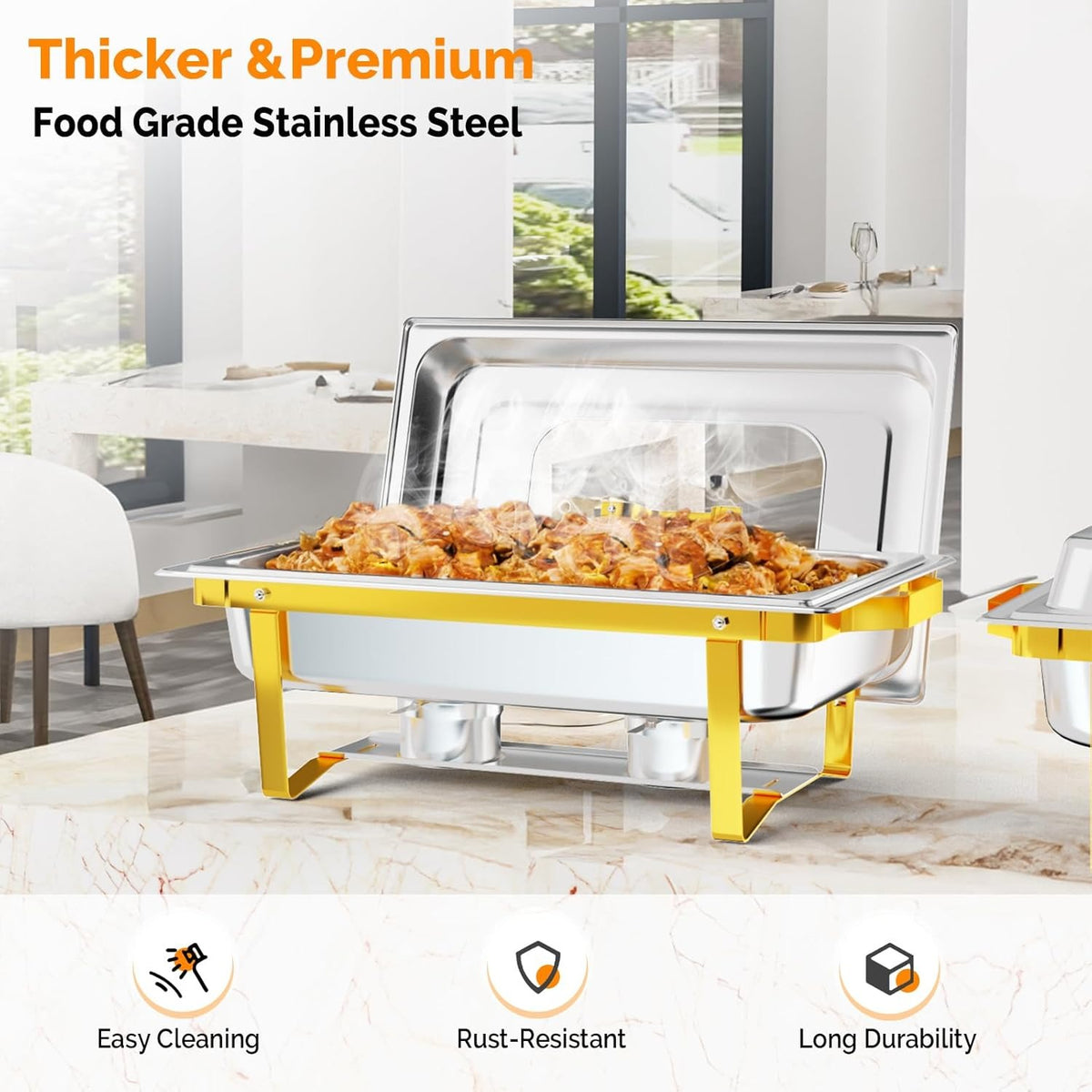 MEFEIR Chafing Dishes for Buffet 4 Pack, 9QT Chafing Dish with Multiple Food Pans Combo,Stainless Steel Buffet Servers and Warmers with Glass Lid & Folding Frame for Parties Weddings, Gold & Silver only for cooking