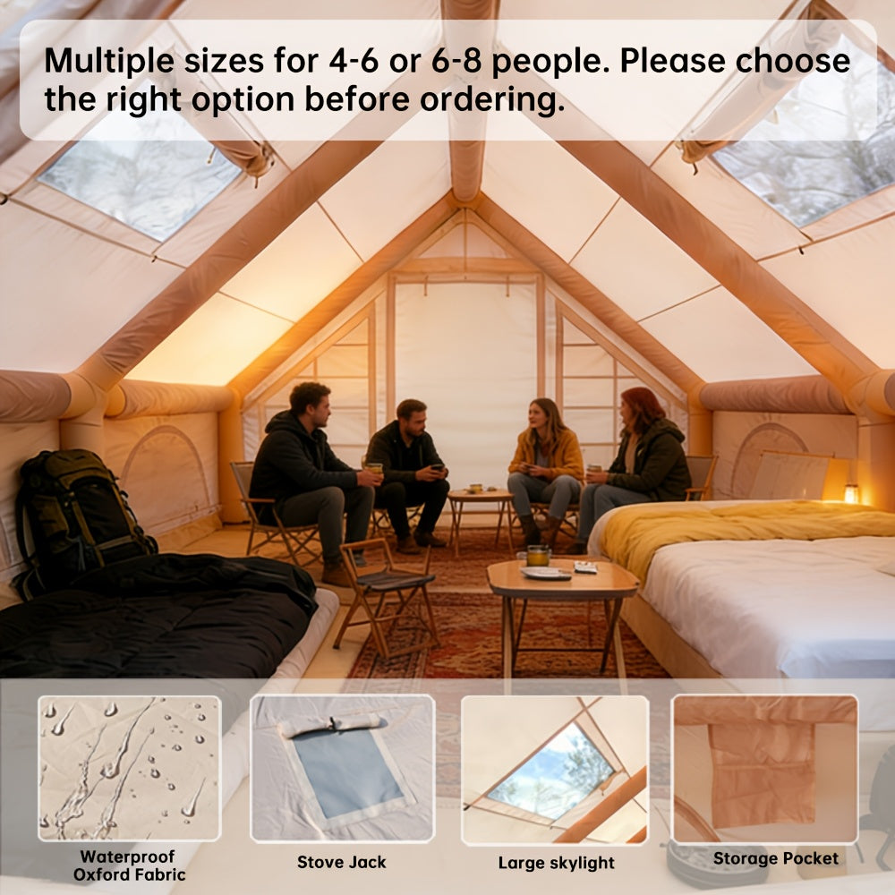 Inflatable Camping Tent（Optional: Skylight, Stove Jack） for 4-6 Person,4 Season Camping Tent, Large Luxury Air Tent with Manual Pump, Easy Setup Portable Glamping House, High Quality Windproof Family Outdoor Shelter Best Valentine's Day Gifts