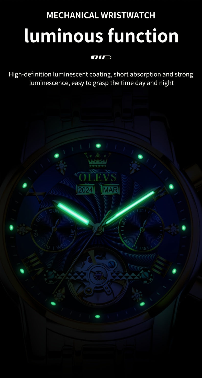 OLEVS Men's Mechanical Watch — Automatic Stainless Steel Wristwatch with Luminous Dual-Calendar Large Dial