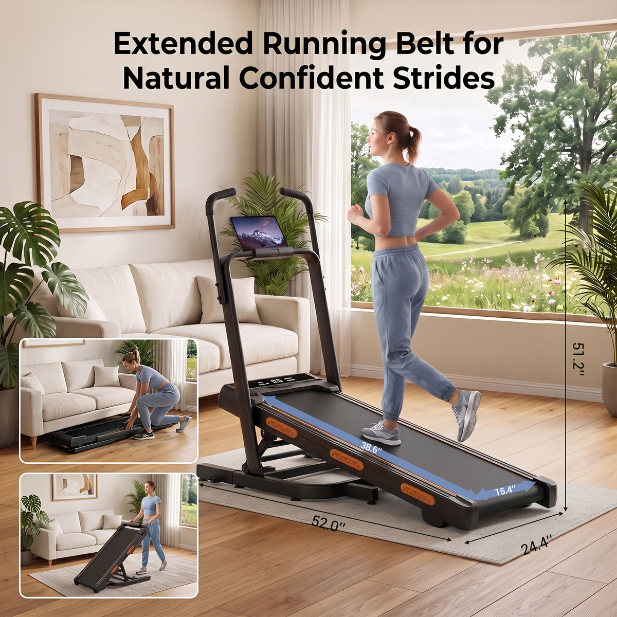 39% Incline Folding Treadmill for Tall Users, 3.0HP Quiet Motor, 350 Lbs Capacity, 6.2 MPH, Elevated Dual Handle Bar and Suction Tablet Holder