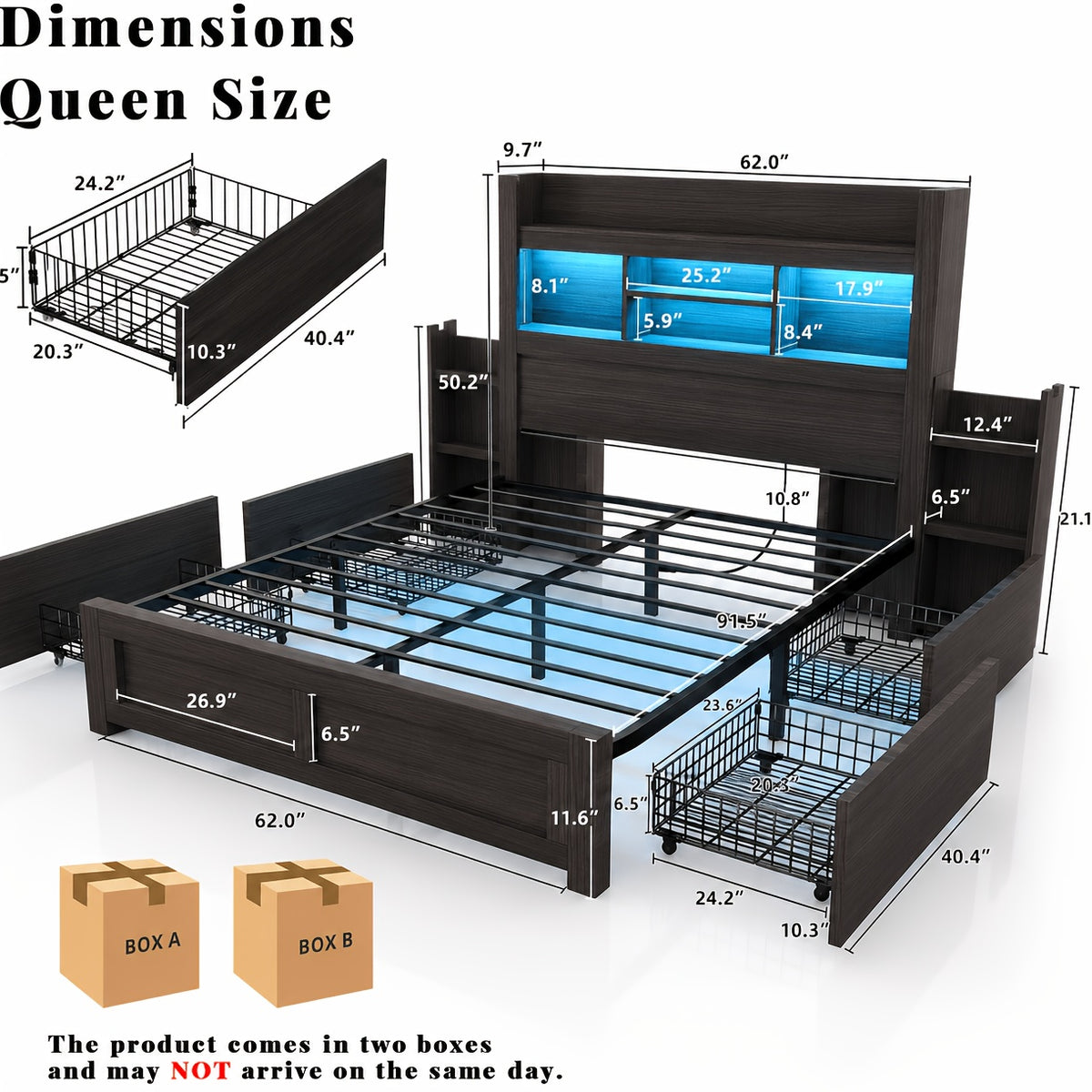 Farmhouse Wooden Bed Frame with 4 Storage Drawers, LED Bed Frame with 49" Tall Bookcase Headboard, Wood Platform Bed with Charging Station And 2 Slide Bedside Shelves