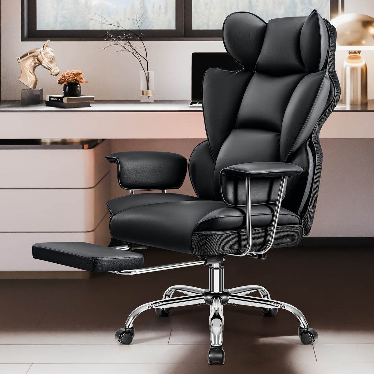 [Ergonomic Office Chair] Actflame Premium Ergonomic Office Chair for Plus-Size Users - Executive High-Back Leather with Enhanced Lumbar Support And Integrated Footrest - Perfect Fit for Spacious Homes And Offices