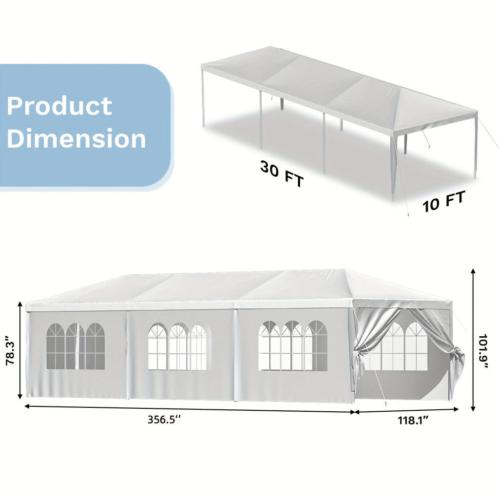 GUNJI 10x30ft Heavy Duty Canopy Steel Canopy Storage Shed, Portable Garage Party Tent, Portable Garage with Removable Sidewalls & Doors All-Season Tarp for Carport (White)