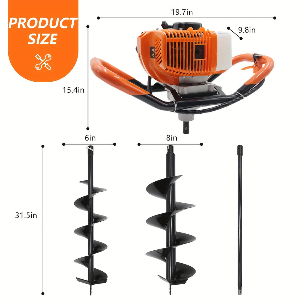 62CC Auger Post Hole Digger, 2 Stroke Gas Powered Earth Post Hole Digger With 2 Auger Drill Bits (6" & 8") + 1 Extension Rods For Farm Garden Plant, Orange (62CC)