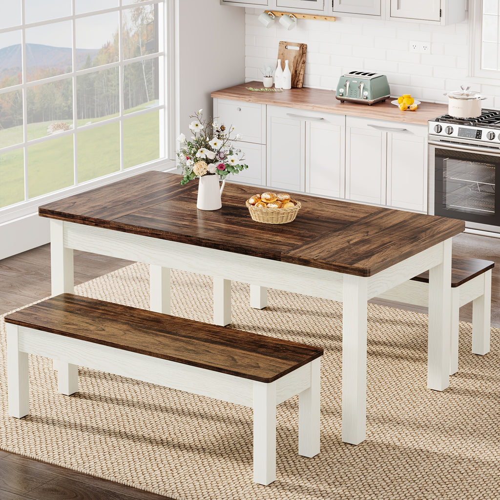 3pcs Dining Table Set with 2 Benches, 55-Inch Wood Kitchen Table Set for 4-6, Farmhouse Space-Saving Dinette for Kitchen, Dining Room