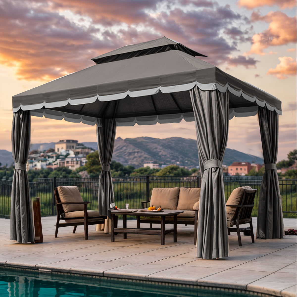 Outdoor Patio Gazebo 10'x13', Heavy Duty Party Tent & Shelter With Double Roofs, Mosquito Nettings And Privacy Screens For Patio Lawn And Garden, Brown