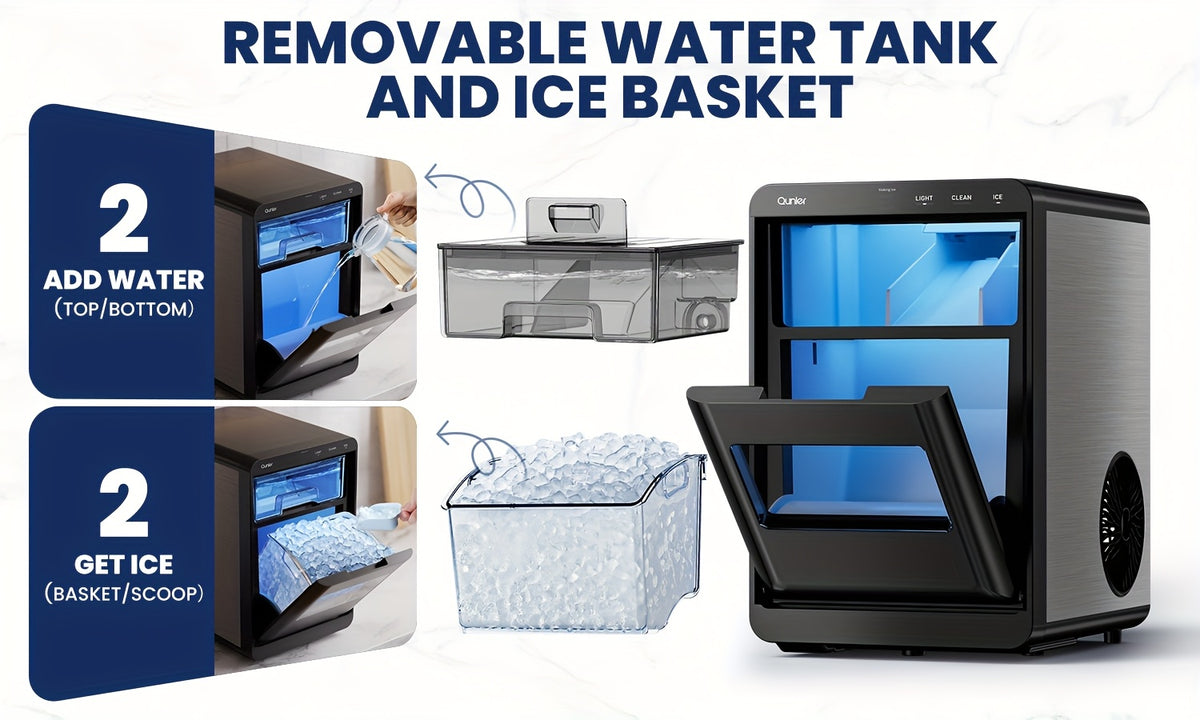Countertop Nugget Ice Maker, Qunler 44 Lbs/day Stainless Steel Self-Cleaning Chewable Pellet Ice Machine with Independent Water Tank, Ice Scoop & Ice Basket for RV Trips, Camping, Beach Houses, Cabins & Patio Drinks