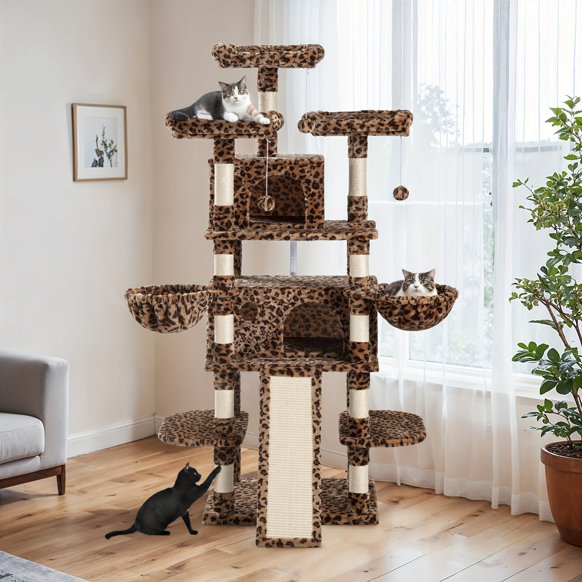 HOOMIC 68-Inch Multi-Level Cat Tree Tower for Large Cats/Cat Condo/Cozy Plush Cat Perches/Sisal Scratching Posts/Baskets/Wide Base Board/Cat Activity Center/Dark Grey/Grey/Beige/Pink/Leopard Print