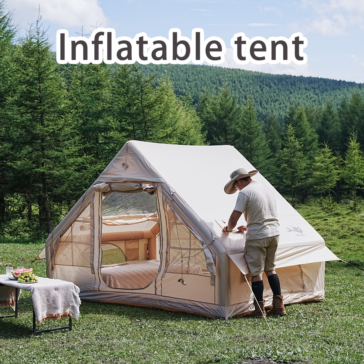 Pakicetus 2-4-6-8 Person Summer Camping Inflatable Tent, Quick Air Circulation with Breathable Mesh Design, Weather-Resistant Oxford Cloth Material Four-Season Camping Cabin, Spacious Full Mesh Windows and Door, Easy Setup with Manual Pump