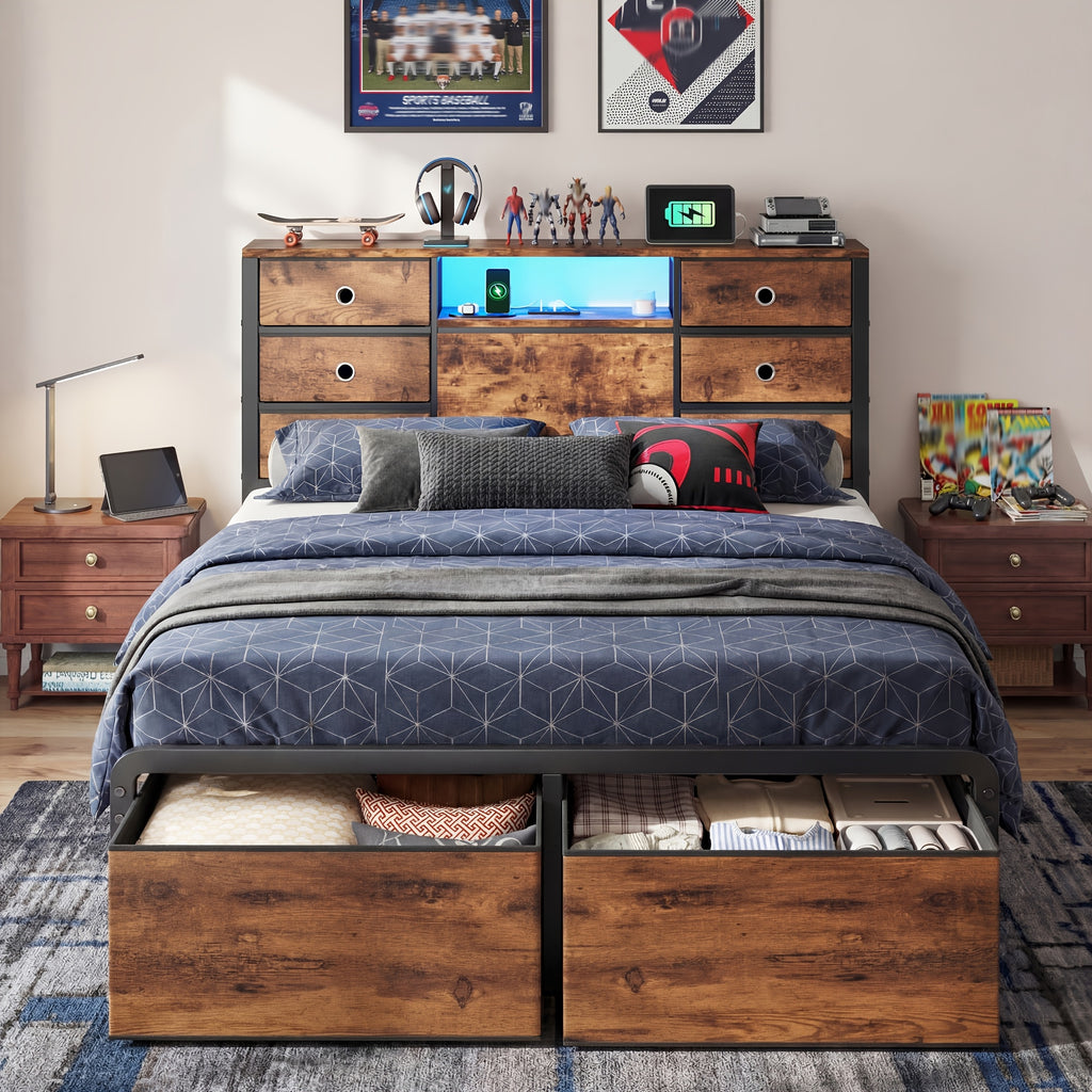 Reinforced Storage Bed Frame, King/Queen/Full with 8/9 Drawers, Headboard Storage, Multi-Color LED Lights & Charging Station, Noiseless & Easy Assembly, Black/Tiger Brown
