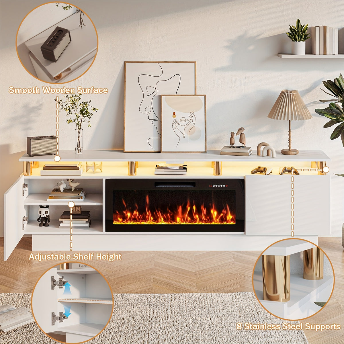 80" Fireplace TV Stand with 36" Fireplace, 2-Tier 80" LED Entertainment Center with Fireplace for Tvs Up to 90", Modern Wood TV Media with Storage Cabinets for Living Room