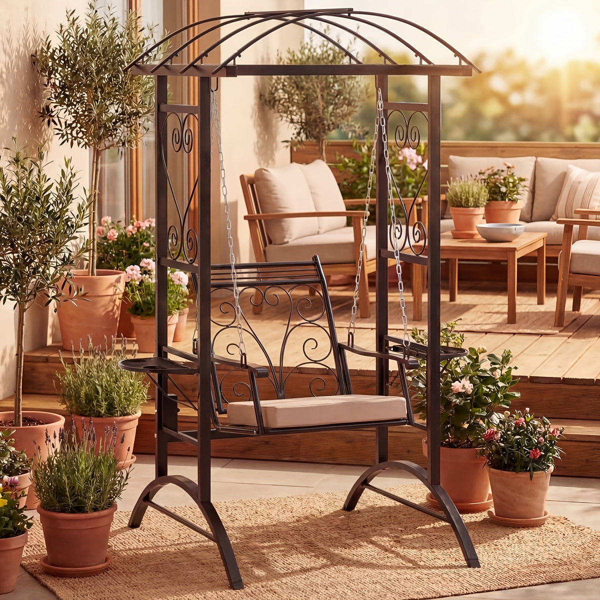 Outdoor Porch Swing with Stand for Adults, Patio Swing Chair with Removable Cushions and Side Tables for Garden, Balcony, Backyard and Poolside
