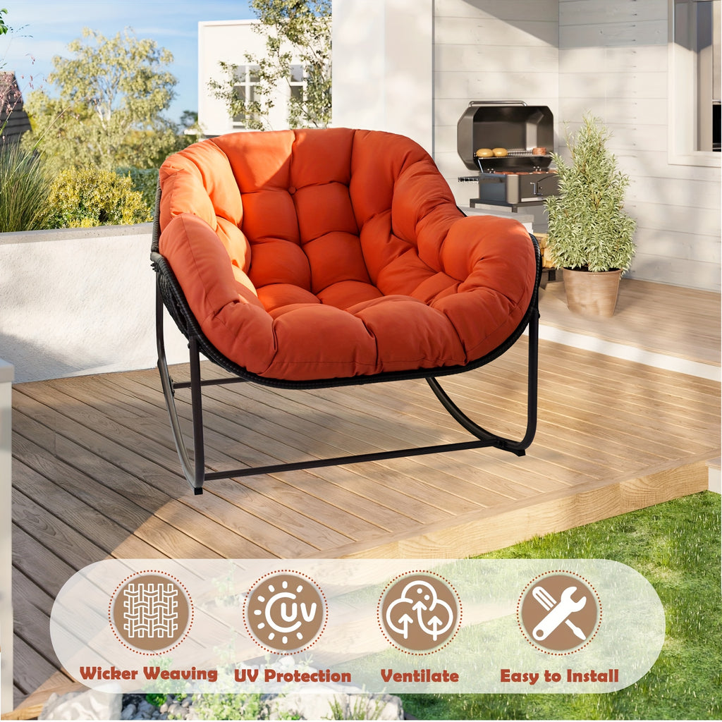 Papasan Rocking Chair Outdoor, All Weather Wicker Papasan Patio Chair with Cushion And Pillow, Heavy Duty Metal Oversized Papasan Rocker Egg Chair for Garden, Patio