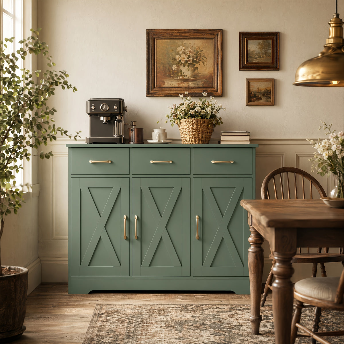 FULTRU Modern Farmhouse Cabinet with Barn Door & Sliding Panel Doors Suitable for Kitchen, Dining Room Storage, Freestanding Buffet Furniture with Drawers and Open Shelves, Assembly Required, Multifunctional Sideboard