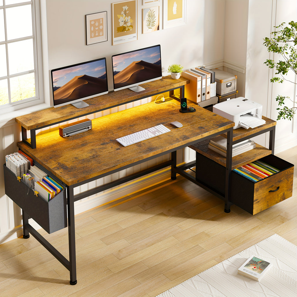 EnHomee 57" Computer Desk With Drawers And Printer Space, Office Desk With Power Outlets, Home Office Desks With File Drawers Cabinet, Study Writing And Gaming Desk With Shelves Monitor Stand