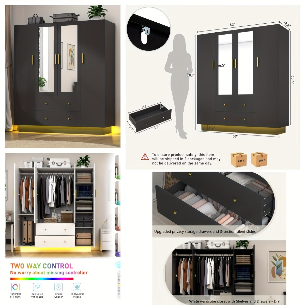 Modern Wardrobe Closet with Mirror And LED Lights, Bedroom Armoire with Drawers And Shelves, Wooden Closet Cabinet with Hanging Rod