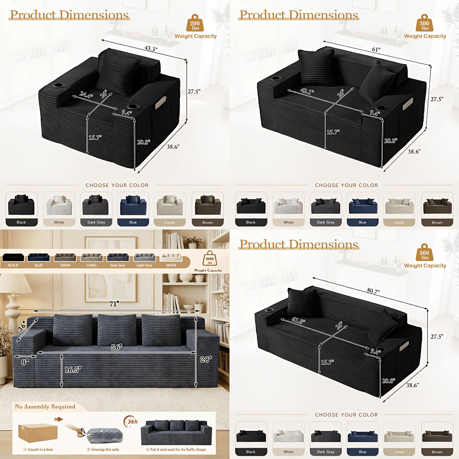 43.3-80.7" Corduroy Living Room Sofa, 3 Setaser Deep Seat Couch With 3 Lumbar Pillows, Comfy Boneless Sofa Modern Compressed Couch For Bedroom, Office, Apartment