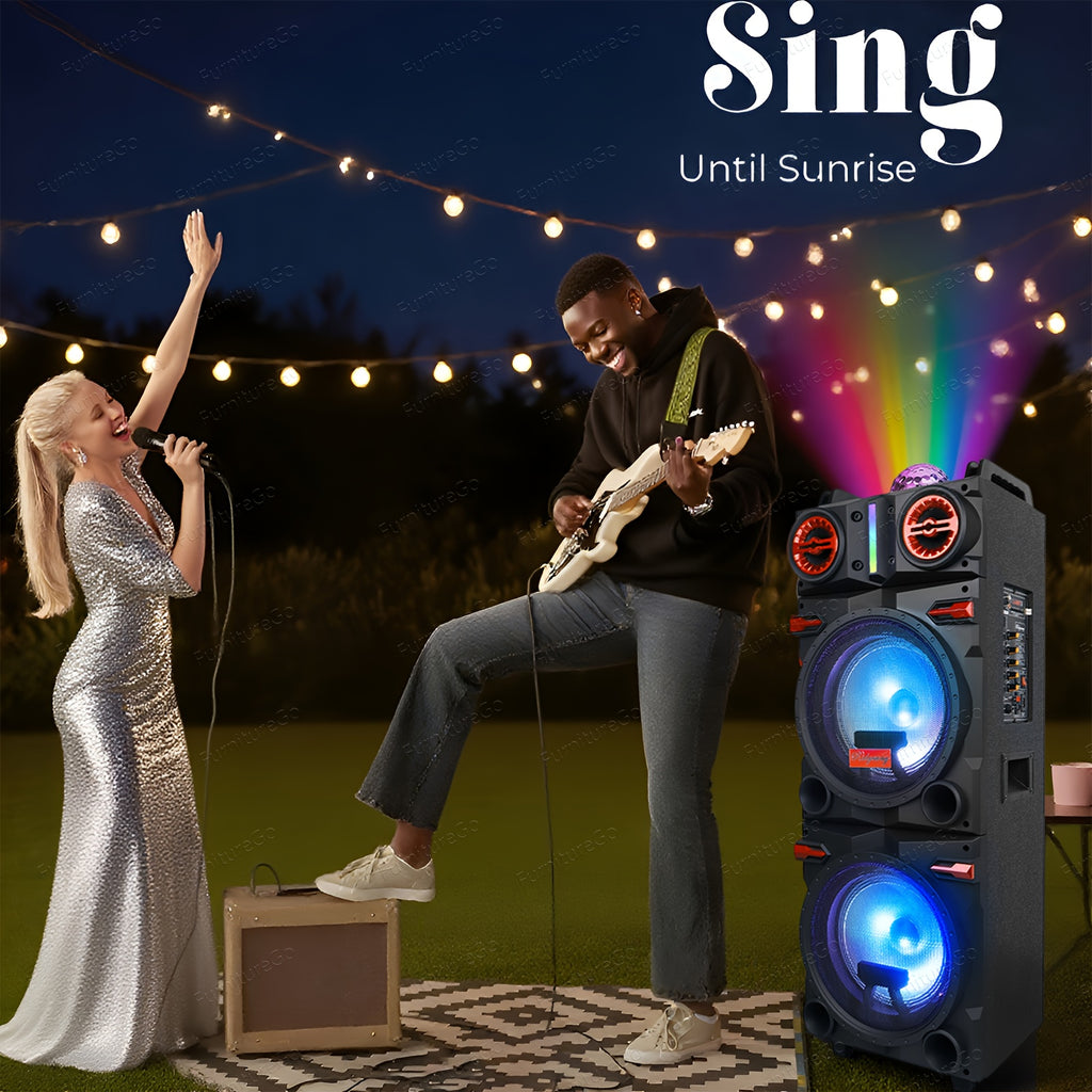 10" Dual Speaker System Built In BT for Wireless Connection, LED Party Lights, FM Radio, AUX/Microphone Inputs - Portable PA System for Parties, Karaoke, DJ (Includes Wired Mic)