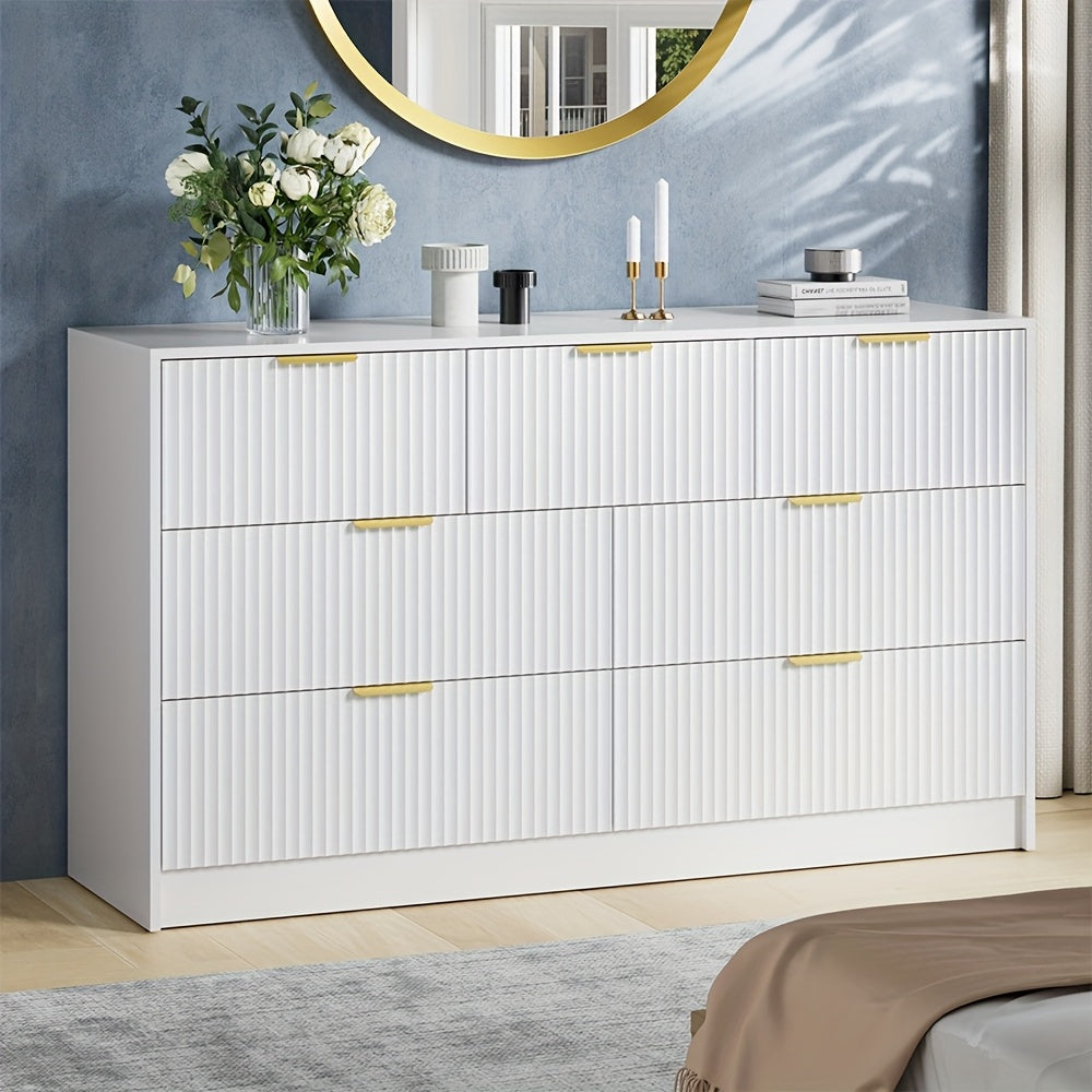 White/Walnut/Black 7 Drawer Dresser for Bedroom, Modern Fluted Dresser with Golden Metal Handles, Wide Chest Of Drawers for Bedroom, Living Room, Entryway, Hallway, 55.1" L X 15.7" D X 31.8" H, White 7 Drawer Dresser, Walnut 7 Drawer Dresser