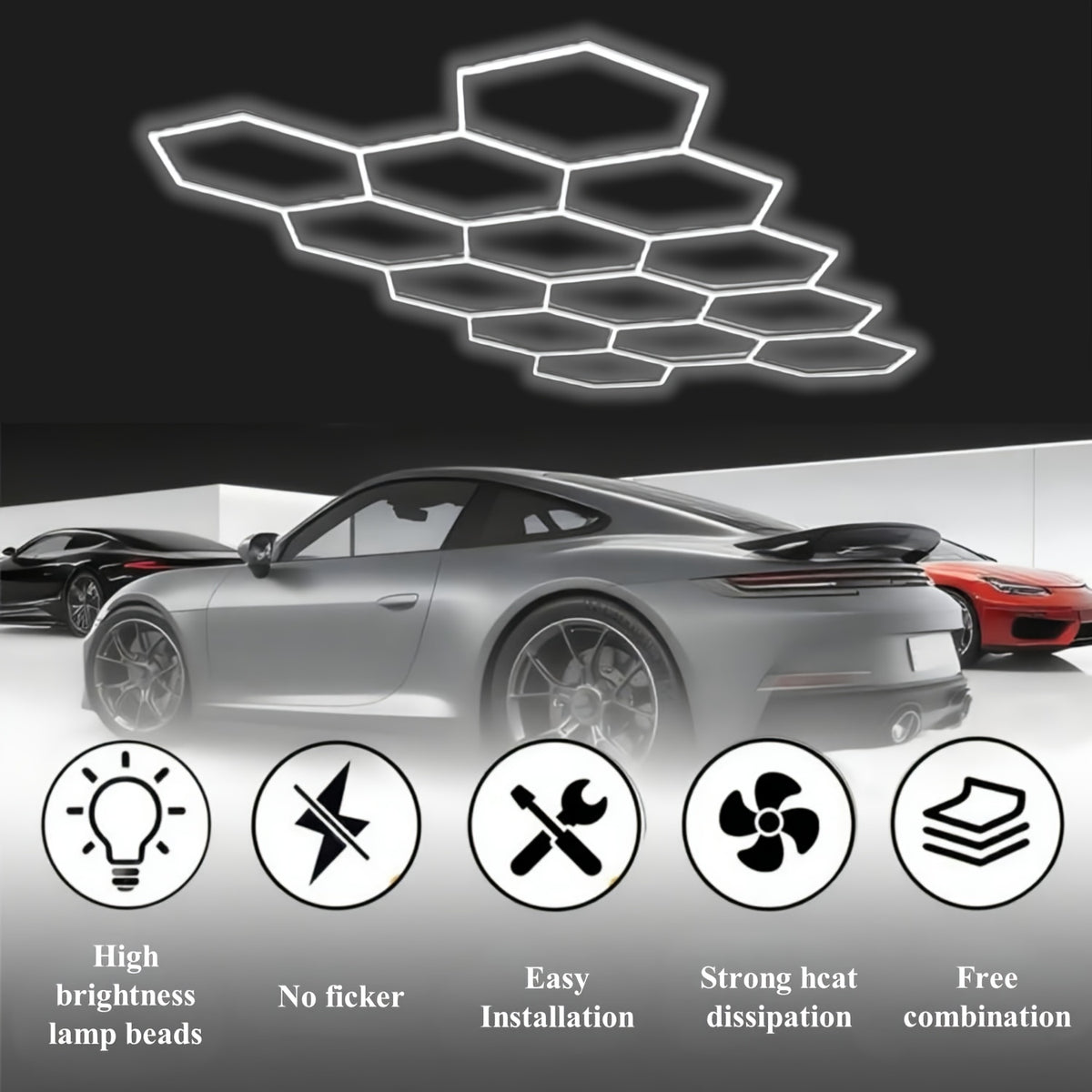 58 Pack Hexagon Garage Lights - 456W 54720LM 14 Grids Hexagon LED Light, 6500K Ultra Bright Honeycomb Hex Lights, Easy Install, Durable Design for Garage, Car Detailing, Workshops, Shops, Gym