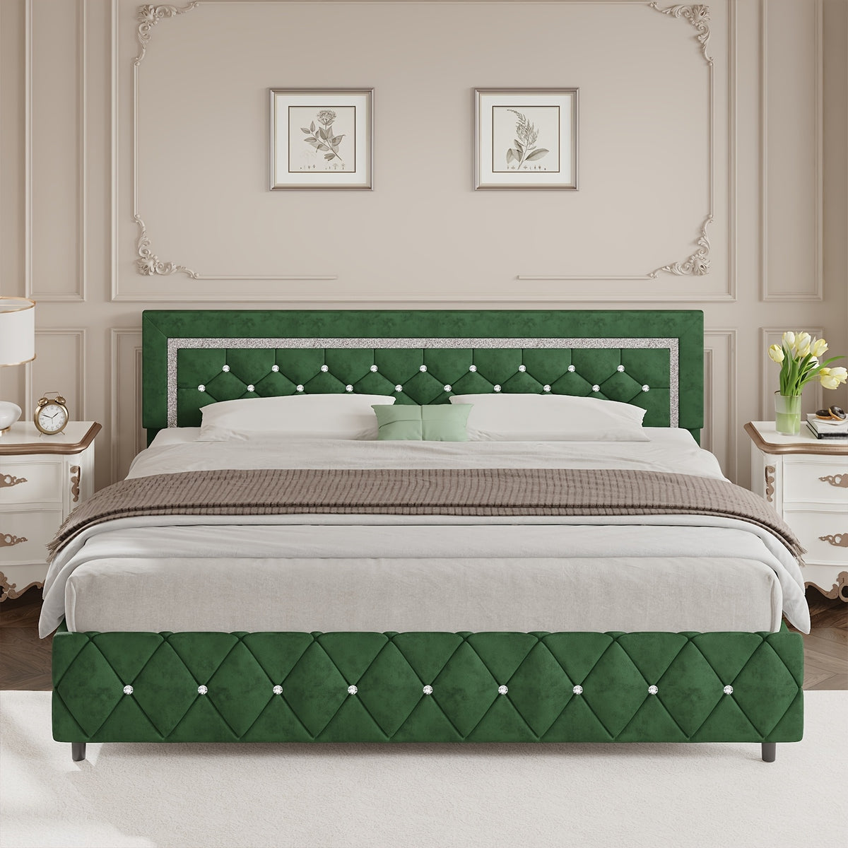 4ever2buy Twin Full Queen King Platform Bed Frame with Upholstered Diamond Headboard, Mattress Foundation with Strong Wooden Slats Support, No Box Spring Needed, Easy Assembly, Valentine's Day Gifts, Pearlized White, Black, Pink, Green, Grey, Beige