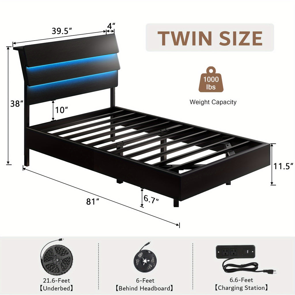 Valnase Floating Bed Frame with LED Lights & Charging Station, Platform Bed with Wooden Storage Headboard, Steel Slats Support, Easy Assembly