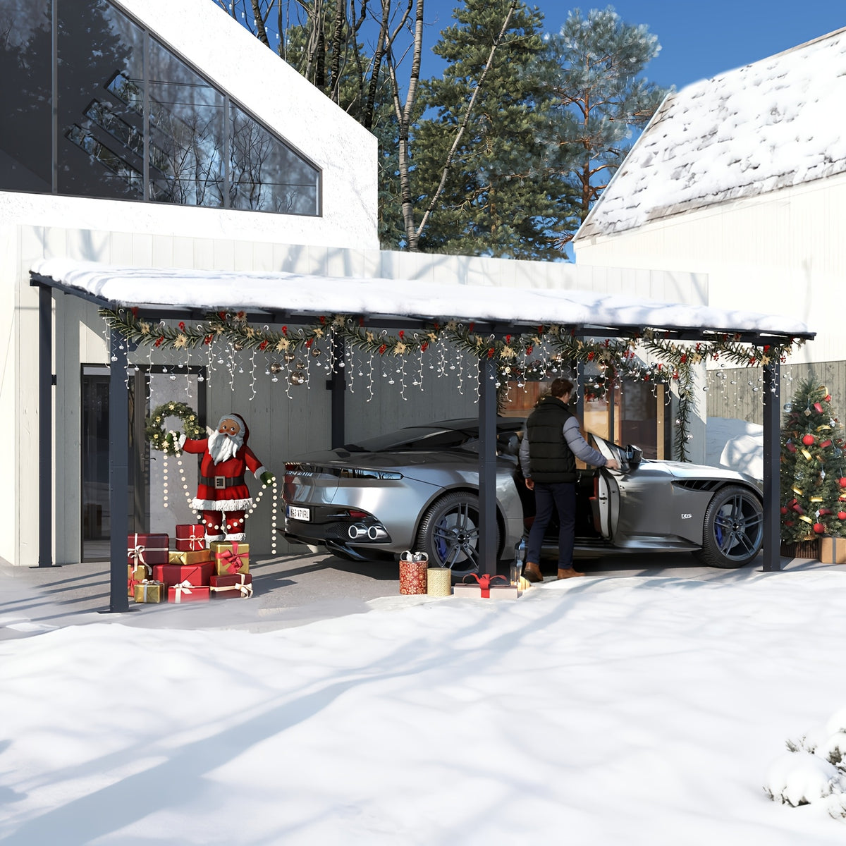 8 X 5FT, 8 X 10FT, 12 X 10FT, 14 X 10FT, 16 X 10FT, 20 X 10FT Outdoor Carport, Sloping Roof Carport, Wall-Mounted Aluminum Carport, Suitable for Outdoor Spaces Such As Porches, Decks, Backyards, Gardens, Etc (Multi-Size Selection)