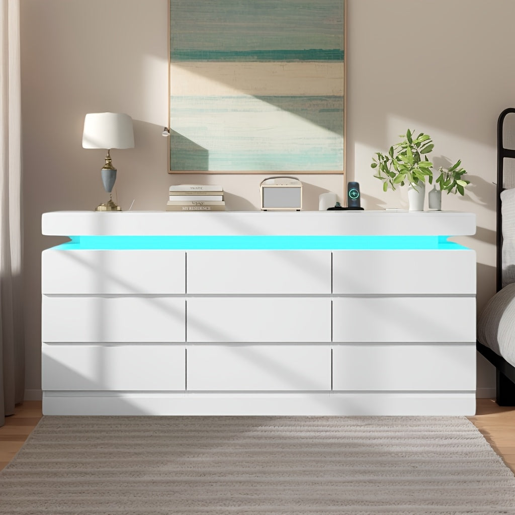 Dresser for Bedroom, Closet Organizers And Storage, Large Modern Chest Of Drawers with Handle Free, Dresser for Bedroom with 9 Deep Storage Drawers, Freestanding Long Dressers with Charging Station & LED Lights, Storage Drawer Units