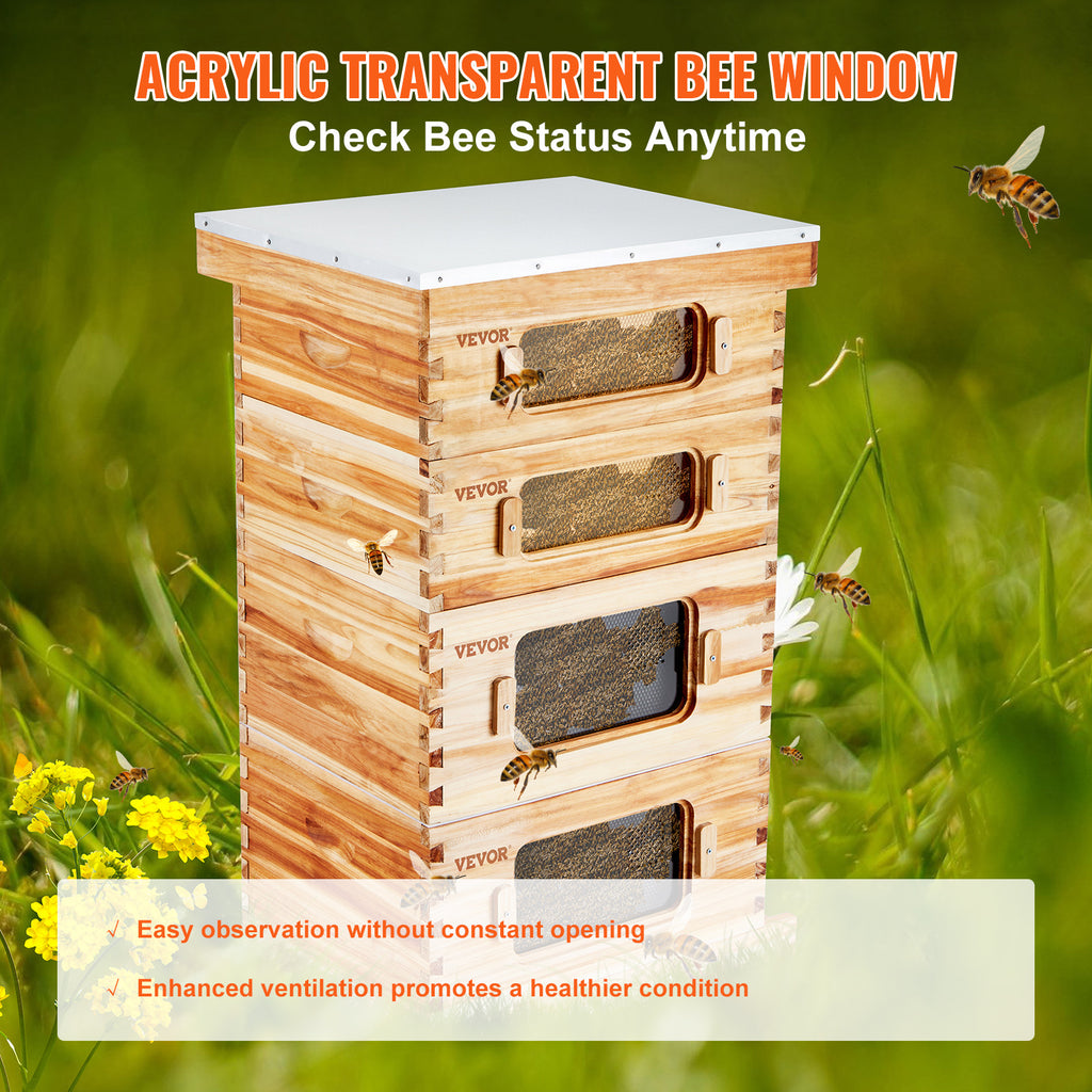 VEVOR Bee Hive 30 Frame / 40 Frame Bee Hives Starter Kit, Beeswax Coated Fir Wood, 2 Deep + 1 Medium / 2 Deep + 2 Medium Bee Boxes Langstroth Beehive Kit, Transparent Acrylic Windows with Foundations for Beginners Pro Beekeepers