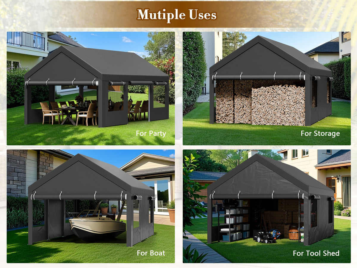 JAMFLY Sturdy Carport Featuring Roll-Up Ventilated Windows, Outdoor Canopy, Portable Garage Gazebo Equipped with Detachable Sidewalls & Doors for Vehicles, Truck, Boat, All-Season Tarp Car Canopy