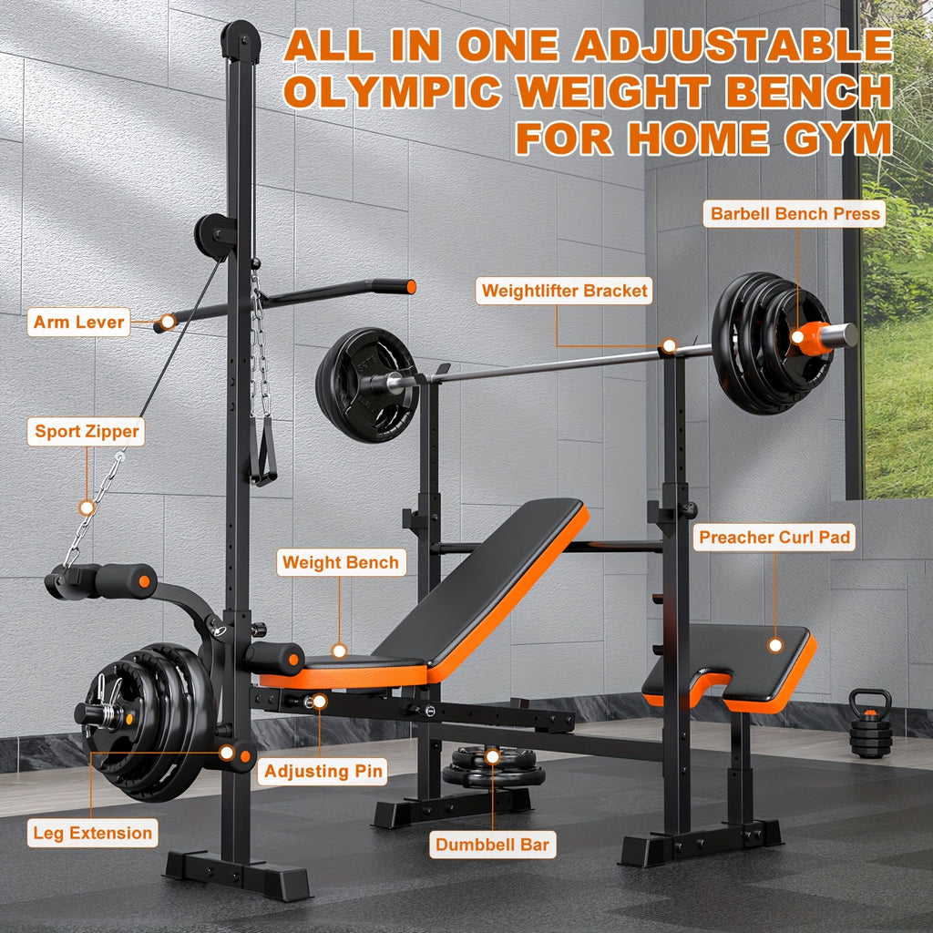 16-In-1 Adjustable And Multifunctional Weight Bench Set, 880Lbs Heavy Duty Strength Training Bench with Leg Developer, Barbell Rack, Preacher Curl Pad And Lat Pulldown for Full Body Workout at Home