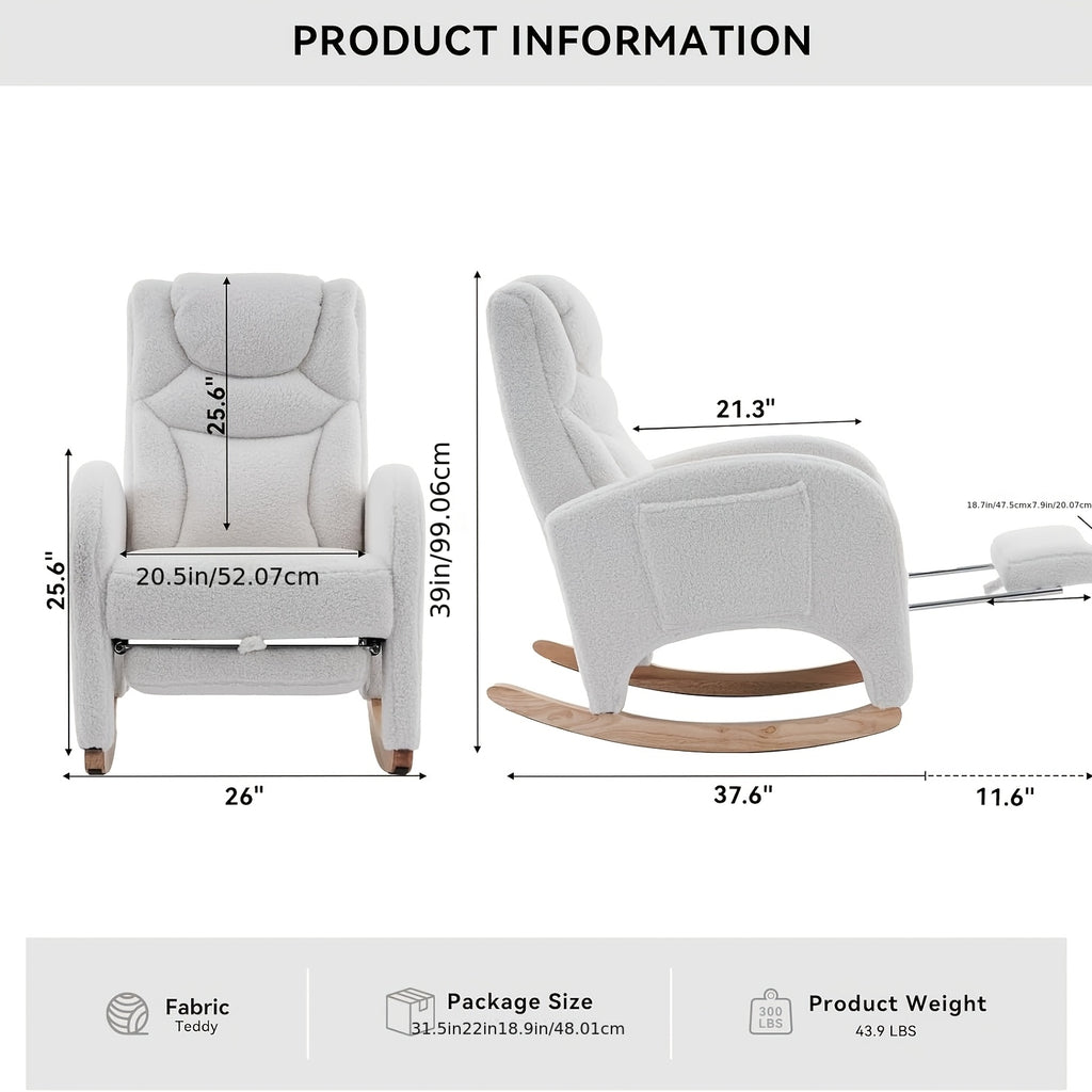 Rocking Chair Nursery, Modern Glider Chair with Adjustable Footrest And Solid Wood Legs, High Backrest Nursery Chair with Side Pocket, Rocker Armchair for Living Room Bedroom