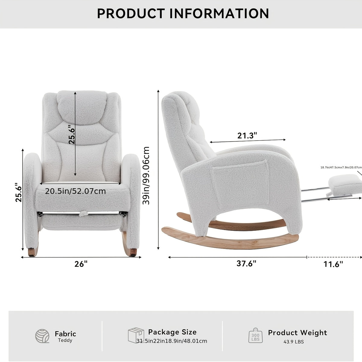 Rocking Chair Nursery, Modern Glider Chair with Adjustable Footrest And Solid Wood Legs, High Backrest Nursery Chair with Side Pocket, Rocker Armchair for Living Room Bedroom