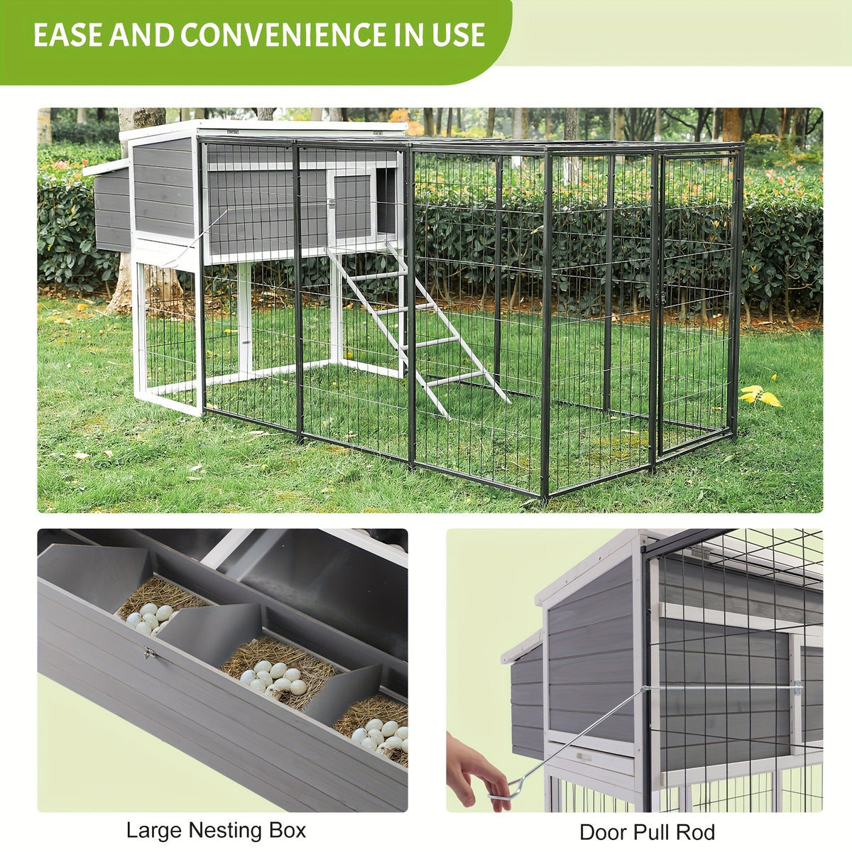 Chicken Coop, Large Wooden Chicken Coop with All-Steel Frame Chicken Run, Outdoor Chicken House for 10 Chickens Duck Coop Small Chicken Coop with Nesting Box And Rain, Ramps