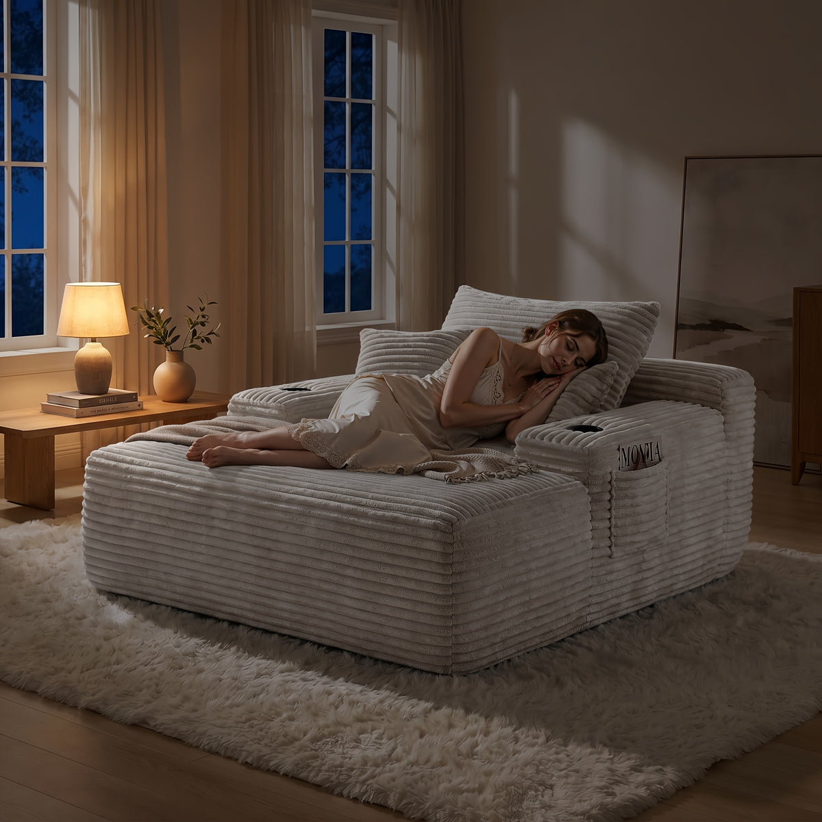 Extra-Large Boneless Sofa Chaise Lounge, with Cup Holder And Side Pockets, Living Room Sofa Chair Bed, Compressible High-Rebound Foldable Recliner, Supportive Pocket Spring System And High-Density Foam Padding, Non-Sinking Convertible Lounge Bed