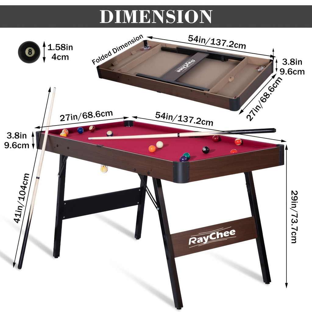 54-Inch Billiard Table, Collapsible Pool Table for Home Gaming Area, Portable Billiard Table with Reinforced And Durable Steel Legs, Adjustable And Non-Slip Foot Pads, Complete Accessory Set