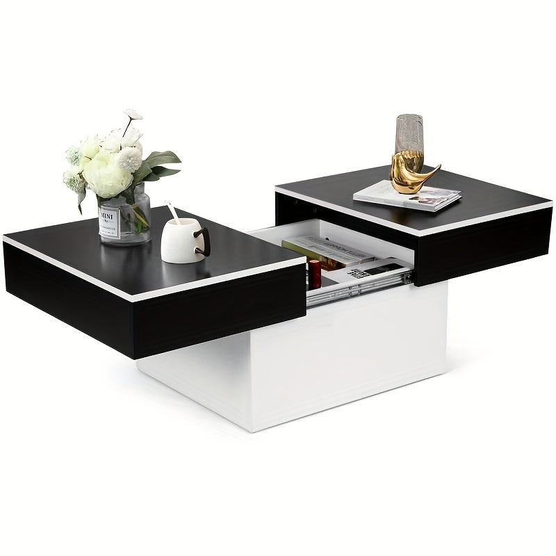 Coffee Table with Sliding Marble Top and Hidden Storage in Contrasting Black and White Pairings