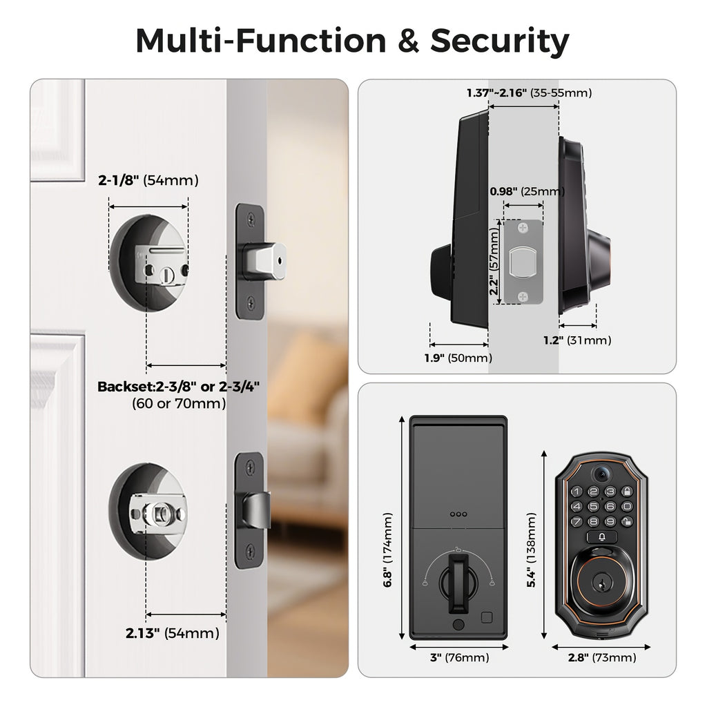 Smart Keypad Door Lock - Keyless Entry Door Lock - Front and Rear Locks and Doorbell - Remote Control, Fingerprint, Two-Way Voice Video and Call, Photo, Recording, APP Control, Voice, 150 Code Smart Deadbolt Lock - Anti-Peeping Password