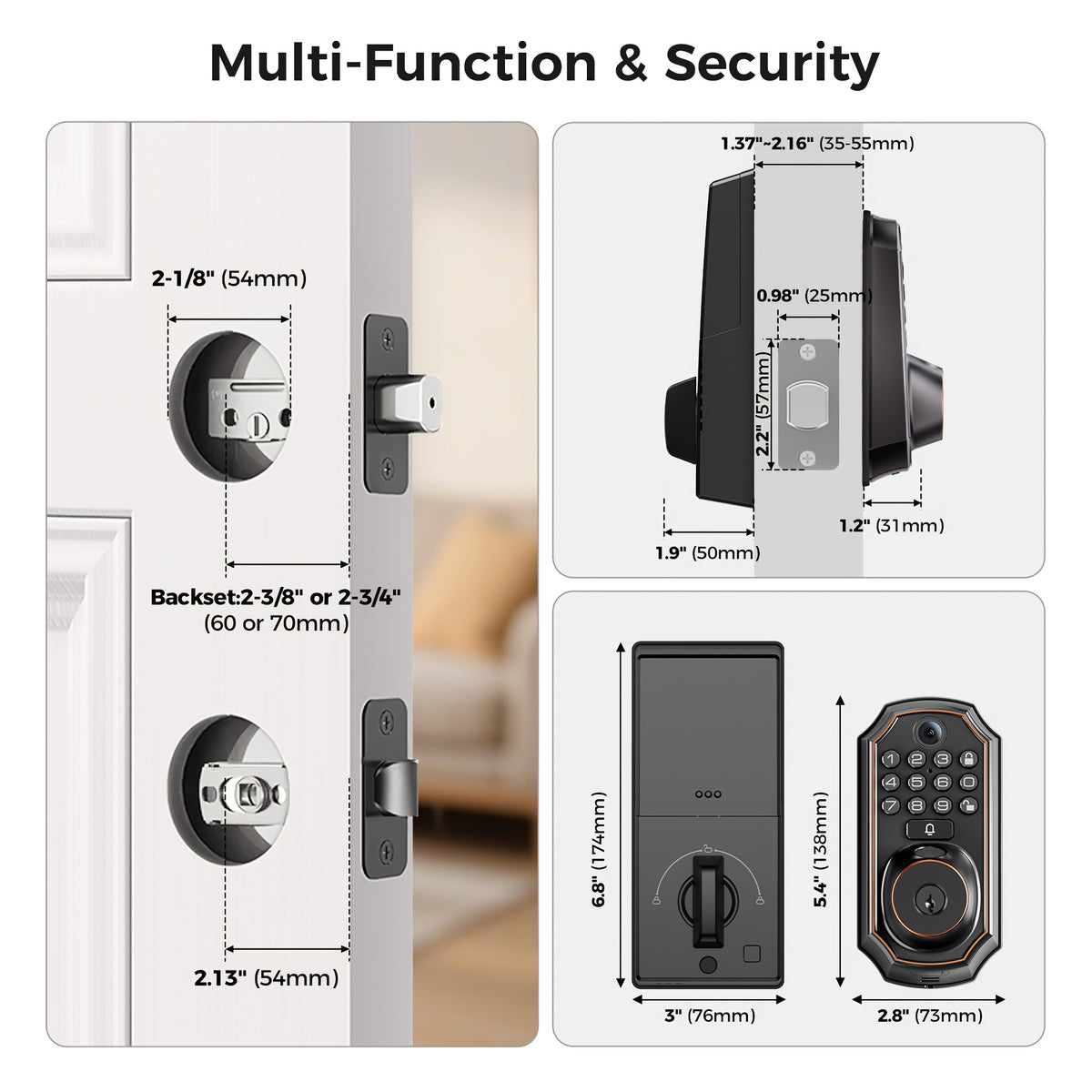 Smart Keypad Door Lock - Keyless Entry Door Lock - Front and Rear Locks and Doorbell - Remote Control, Fingerprint, Two-Way Voice Video and Call, Photo, Recording, APP Control, Voice, 150 Code Smart Deadbolt Lock - Anti-Peeping Password
