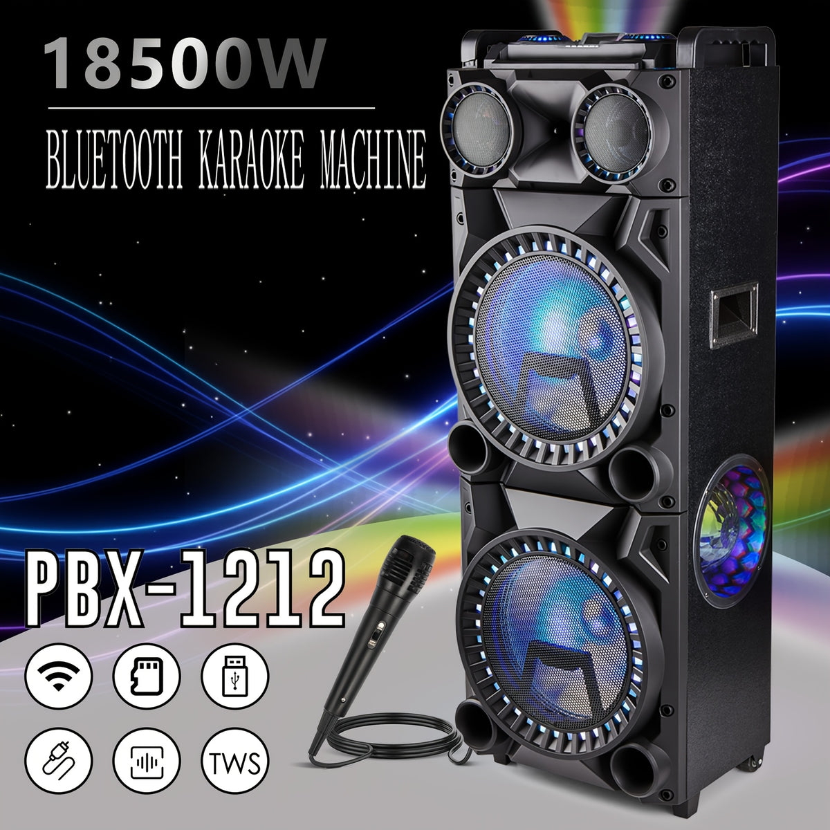 Portable Wireless Speaker with Dual 12-Inch Woofers and LED Party Lights for Gatherings and Stage Monitoring