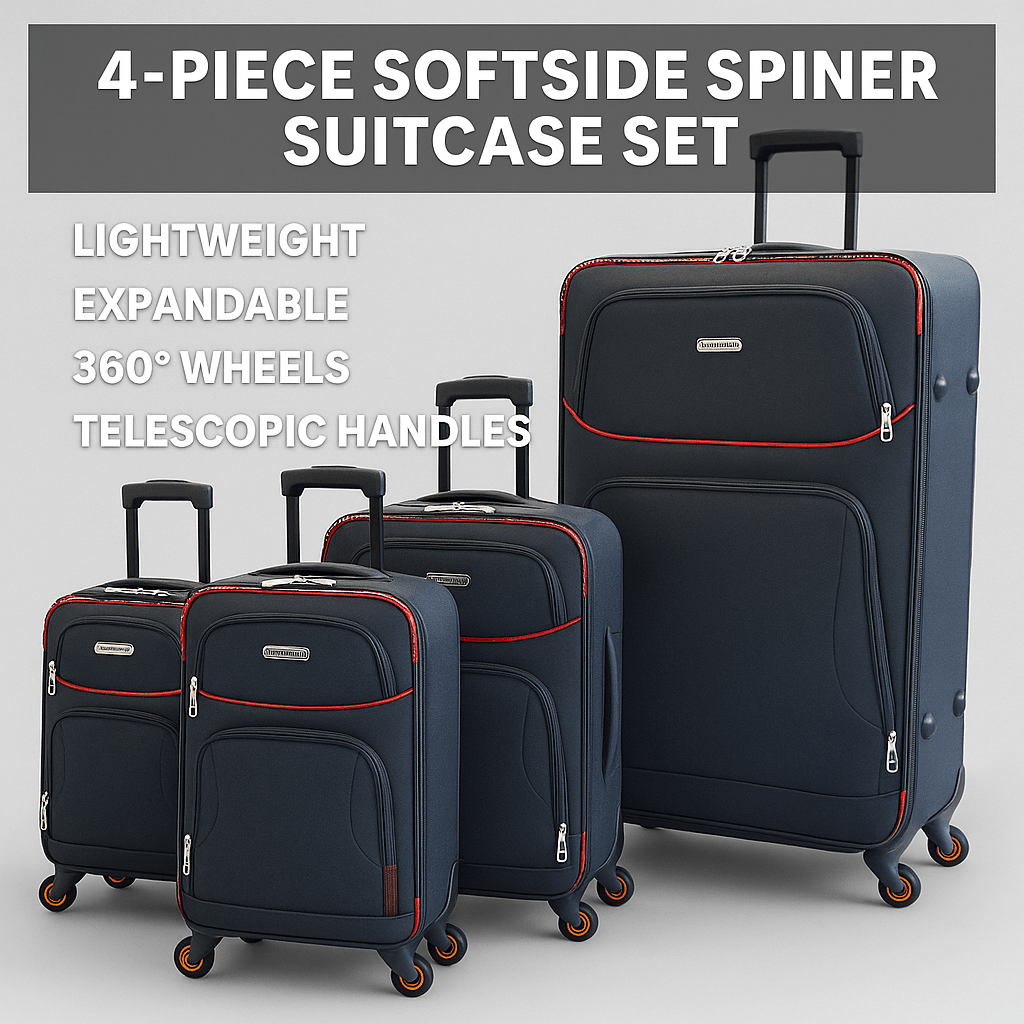 4-Piece Softside Spinner Suitcase Set – Lightweight Expandable Luggage with 360° Wheels, Telescopic Handles, & Multi-Pocket Design – Black, Burgundy, Navy